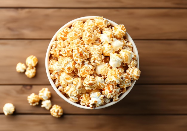 Kom met lekker karamel popcorn op een houten tafel.