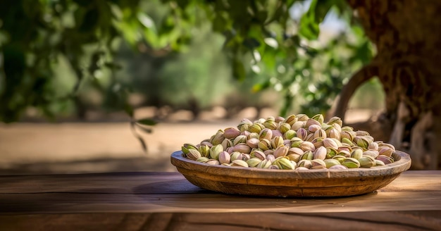 Kom met pistachenoten op een houten tafel met een achtergrondweergave van het veld