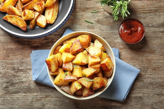 Kom met smakelijke aardappelpartjes op tafel