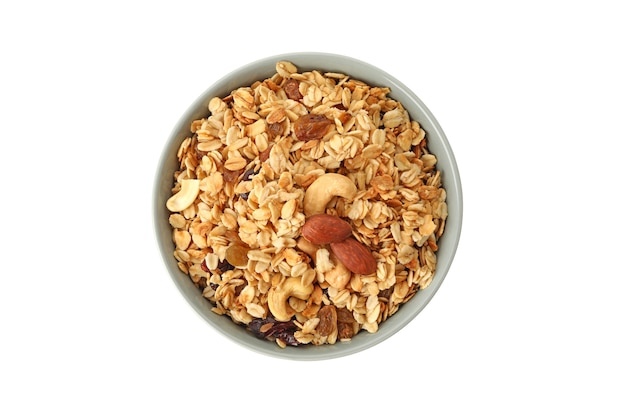 Foto kom met smakelijke geïsoleerde granola