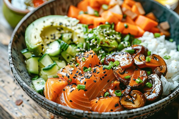 Kom met zalm, avocado en andere ingrediënten Gezond voedsel gegenereerd door AI