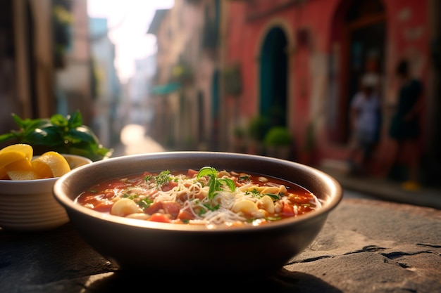 kom minestronesoep vol levendige groenten en bonen met de kleurrijke en bruisende straat