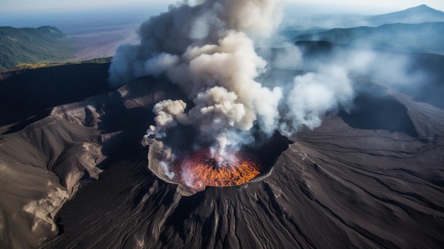 Kom van dichtbij bij een actieve vulkaan terwijl je naar beneden kijkt in zijn gloeiende krater
