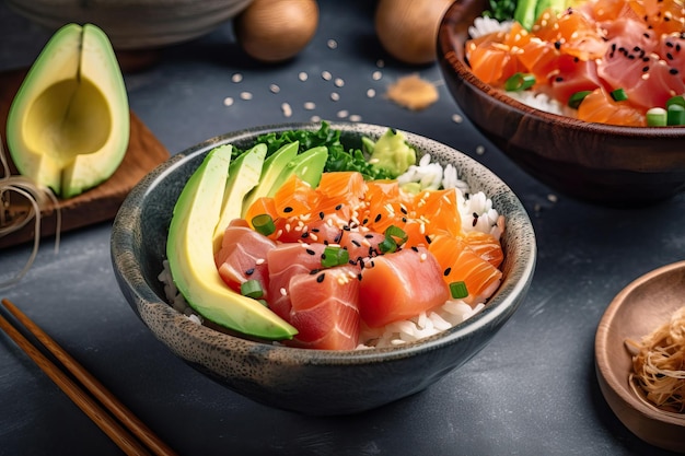 Kom zalmsushi met avocado op tafel