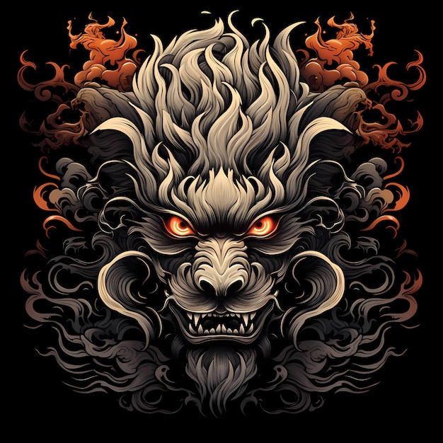 komainu mask tattoo design illustration