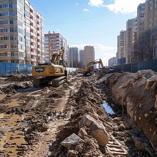 Komatsu-graafmachine op een bouwplaats in Hannover