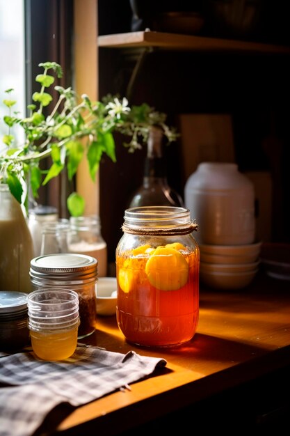 Photo kombucha in the kitchen on the table generative ai drink