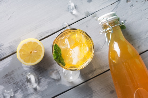 Kombucha lemonade is a fermented drink made from tea and lemon, produced using culture SCOBY