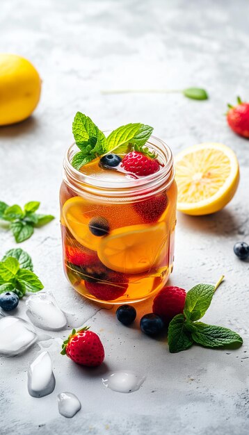 Kombucha tea with fruits in glass