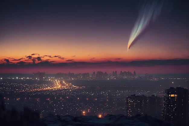 Komeet met een heldere staart over de stad na zonsondergang Nacht astronomisch landschap