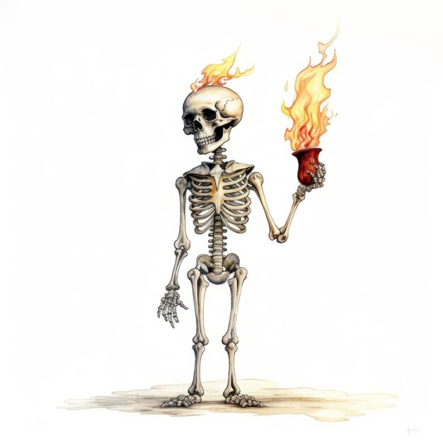 Komisch figuurlijk skelet met vuur dat een kaars vasthoudt