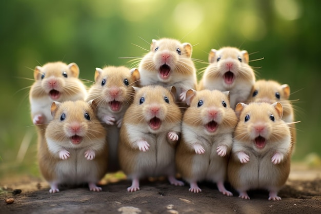 Komische hamsters staan in een groep en kijken uit naar de groene achtergrond