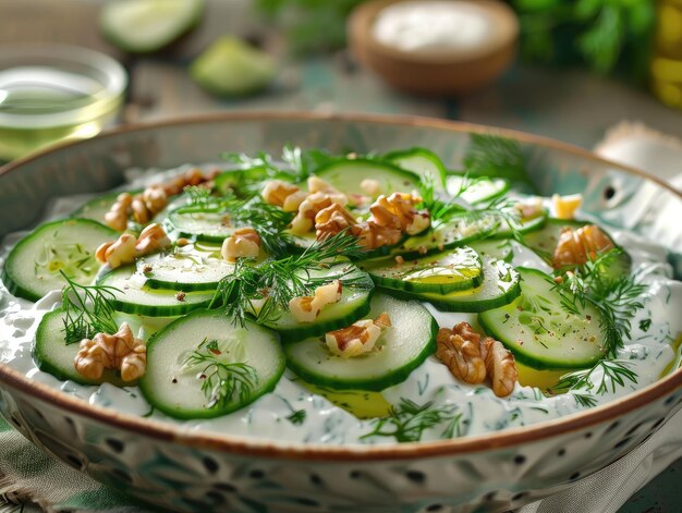 Komkommer- en yoghurtsalade met dille en walnoten