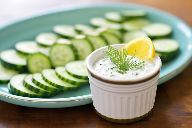 Komkommerplakken waaierden rond een met tzatziki gevulde schaal