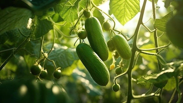 Komkommers aan een plant waar de zon op schijnt