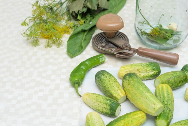 Komkommers met groene hete peper en kruiden op tafel voorbereid voor instandhouding Selectieve aandacht Herfstvoorbereidingen oogsten