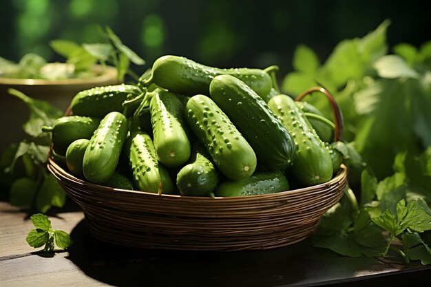 komkommers op mand achter onscherpe groene achtergrond veganistisch eten concept