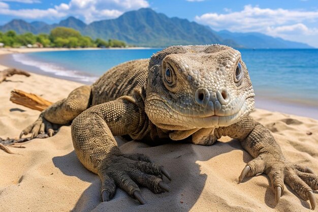 Komodo-draak op het strand in Indonesië