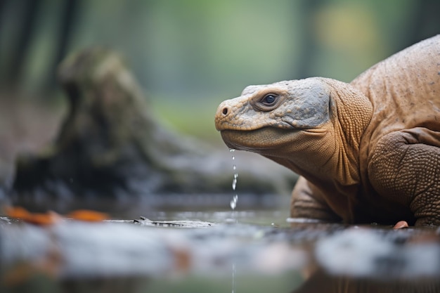 Komodo dragon by a waterhole drinking or resting