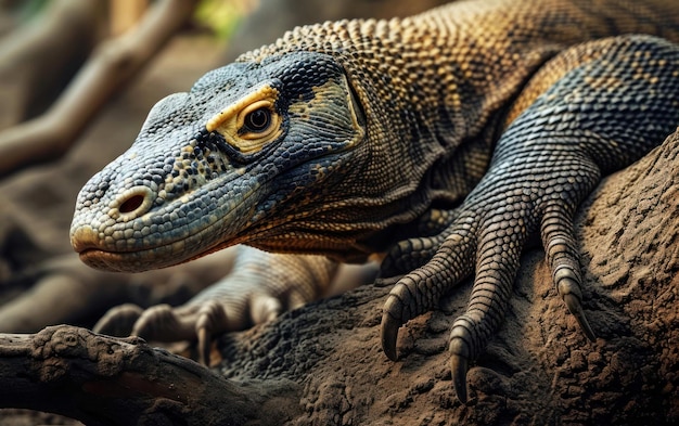 Komodo dragon claws gripping onto a tree root