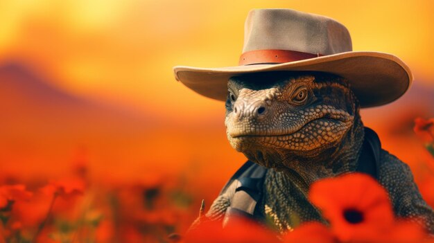 Photo komodo dragon in cowboy hat impressionism style closeup portrait