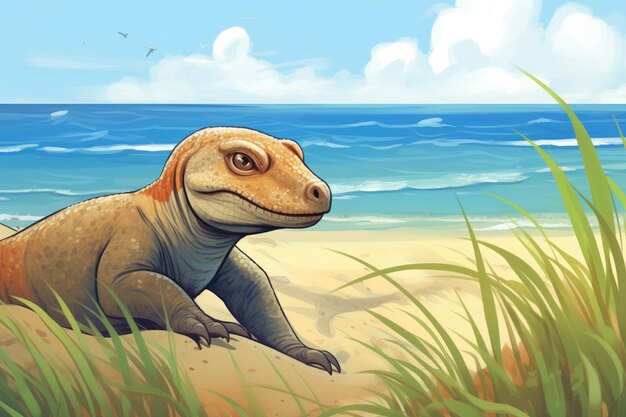 Komodo dragon on a grassy beach dune observing the ocean