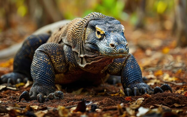 Komodo dragon with scaly skin blending with the earthy surrounding