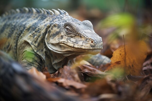 Komodo gecamoufleerd in bladeren met prooi in de greep