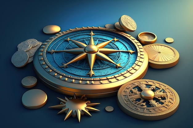 Kompas en gouden munten op blauwe achtergrond digitale afbeelding AI