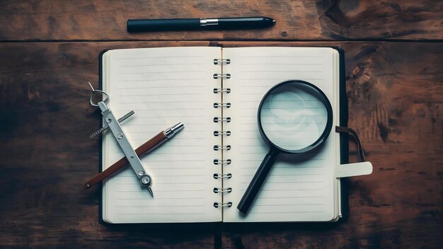 Foto kompas en vergrootglas bij geopend notitieboek