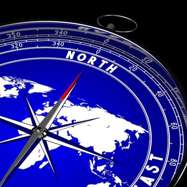 Foto kompas met wereldkaart 3d illustratie