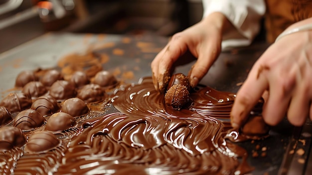 Konditor die chocoladetrufels in gesmolten chocolade doopt om handgemaakte pralines te maken Close up