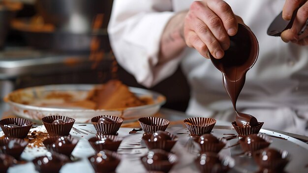 Konditor die handgemaakte chocolade maakt in een fabriek