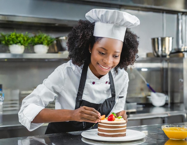 Konditor jonge Afrikaanse Amerikaanse zwarte mooie vrouw die dessert voltooit in de keuken van een hotelrestaurant