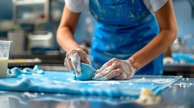 Konditor knett blauwe suikerpasta voor het maken van cakes en cupcakes Closeup van vrouwelijke handen die werken met fondant glazuur