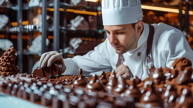 Konditor strooit voorzichtig cacao poeder op heerlijke handgemaakte chocolade Kleine zakenman die trots is op zijn werk