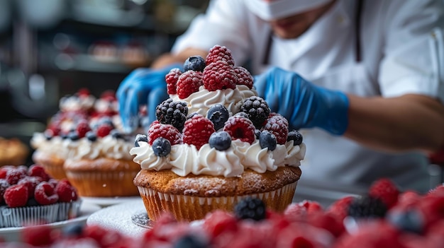 Konditor versiert cupcakes met verse bessen