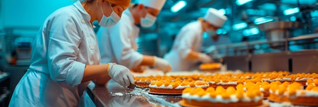 Konditoreën die koeken in een fabriek glazen en versieren