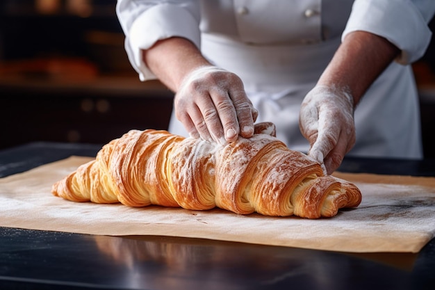 Konditorei die een vlokkerige croissant maakt