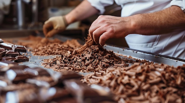 Konditoreien handen met donkere chocolade schaafstukken maken chocolade