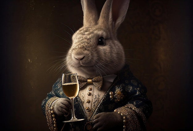 Konijn aristocraat met glas champagne Vintage outfit met kraag Witte molensteen kraag Generative Ai Art Antieke stijl portret van een konijn in kraag kraag