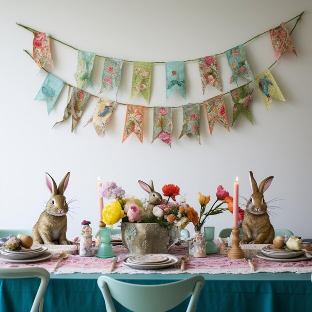 Konijn geniet van Pasen met kaarsen en bloemen decoratie