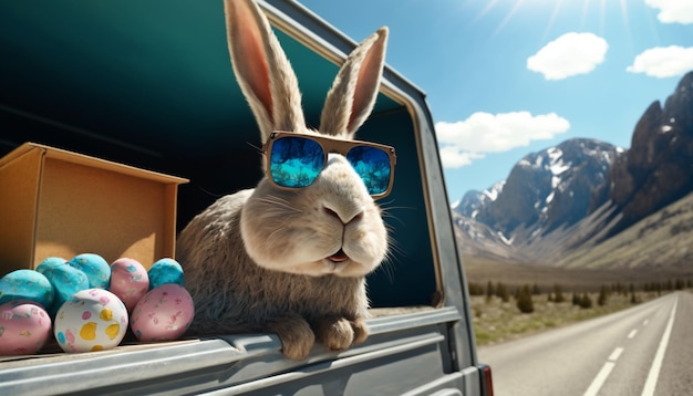 konijn in de auto en paaseieren Generatieve AI illustrator