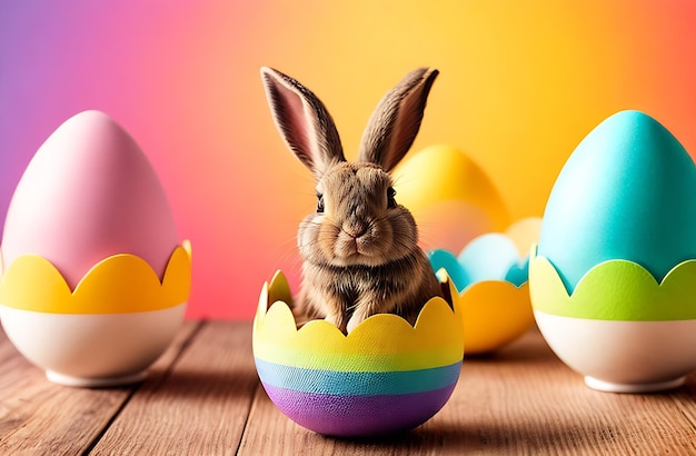 Foto konijn in een chocolade ei op een houten tafel paasei en konijn