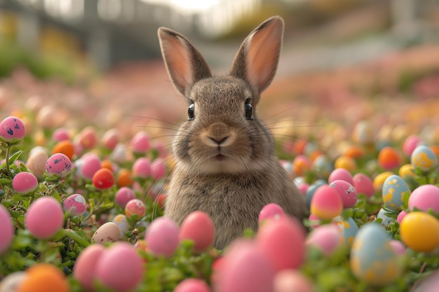 konijn in een veld gevuld met gekleurde kleine paaseieren