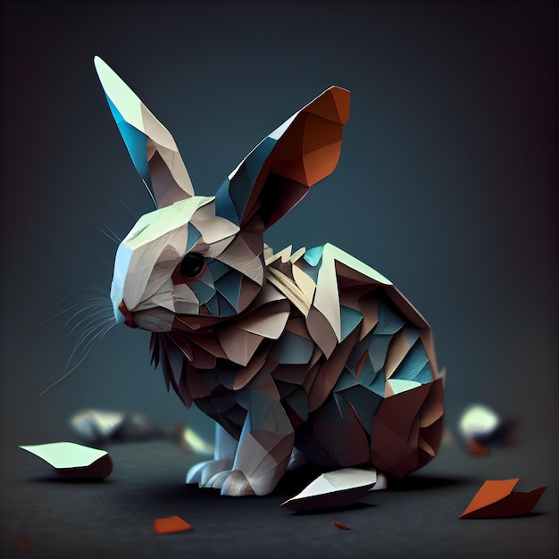 Konijn in origamistijl op donkere achtergrond 3D-rendering