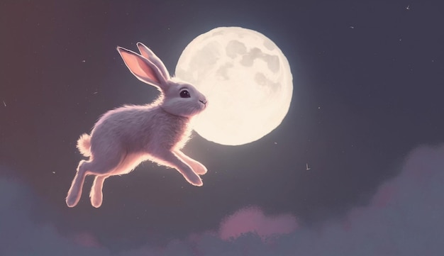 Konijn met de volle maan aan de nachtelijke hemel 3d illustratie door AI