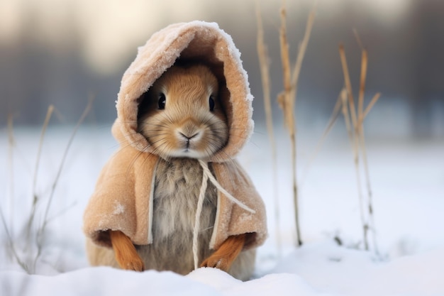 Konijn met jas in de sneeuw