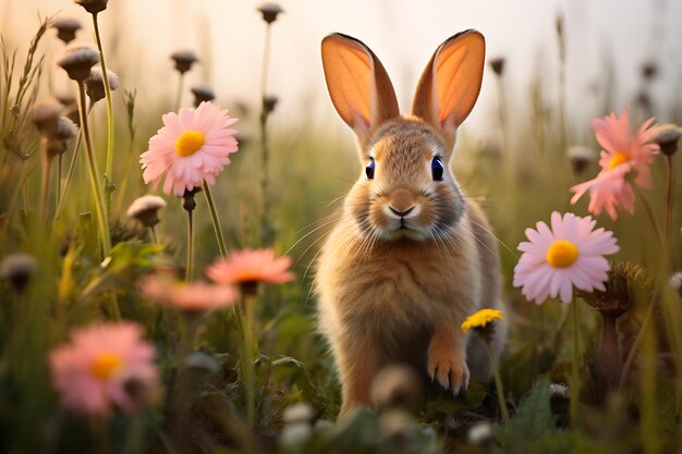 Foto konijn met paaseieren op de weide met bloemen