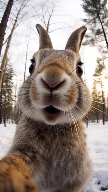 Konijn of haas raakt de camera aan om een selfie te maken Grappige selfie portret van een dier